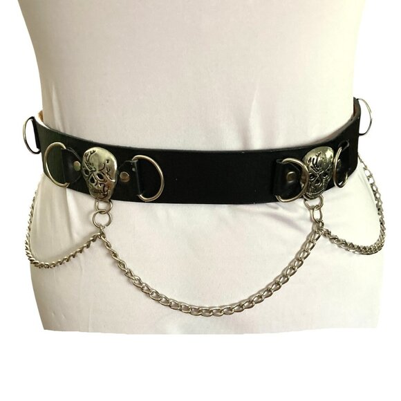 Black Belt Skulls & Hanging Chains, Size Small, Genuine Leather Rock Punk Goth - Picture 2 of 11